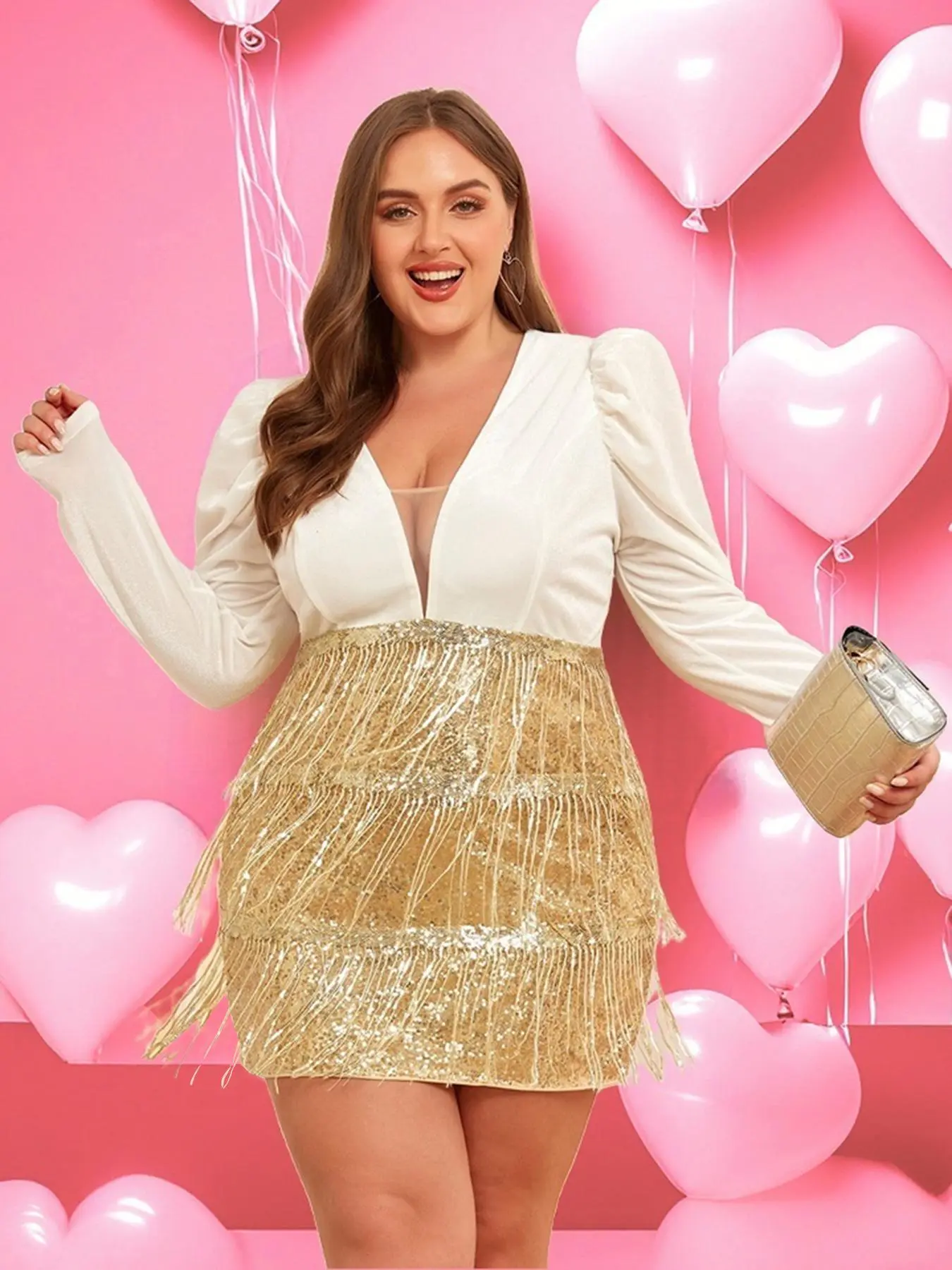 【Plus Size】 Glitter Sequins Tassel Party Dress, Elegant Deep V Neck Long Sleeve Bodycon Dress for Party Club Dating Wear, Women's Clothes for Spring & Fall