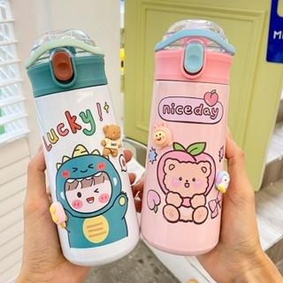 BÌNH GIỮ NHIỆT HỌC SINH CHO BÉ ĐI HỌC  INOX 304 CÓ ỐNG HÚT TẶNG KÈM STICKER Kem Hổ