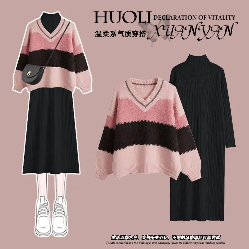 Quần Áo Nữ Cỡ Lớn, Bộ Đồ Mùa Thu Và Mùa Đông, Phong Cách Nhẹ Nhàng Mới, Mặc Áo Len Dệt Kim, Váy Giảm Béo, Bộ Hai Mảnh 0