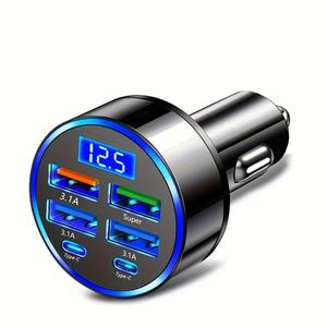 6 in 1 車用充電器、1個 USB Dual PD QC3.0 USBアダプター、LEDディスプレイ付き、複数のデバイスに対応する汎用車用充電器