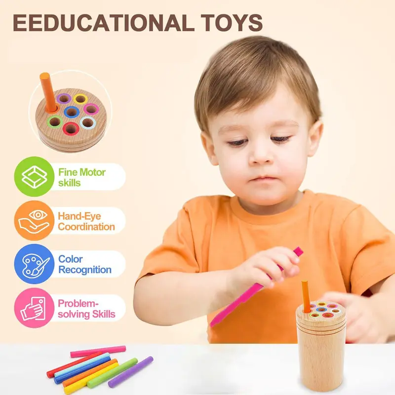 Wooden Montessori Stick Toy, 1 Set Colorful Hand-eye Coordination Classification Teaching Toy, Hands-on Ability Training, Sensory Toys for Kids, Fidget Toys, Toys for Boys, Baby Toys 5