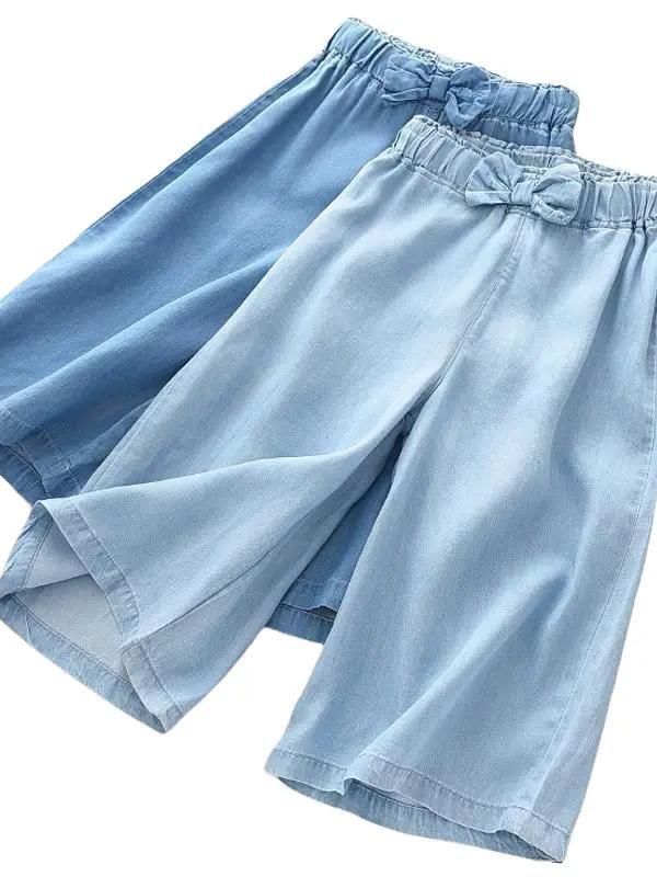 Quần jean bò giấy - Quần bò nơ -  cho bé gái ống suông rộng dáng lửng size đại MOONBE 10-55kg thời trang trẻ em Bò đính nơ