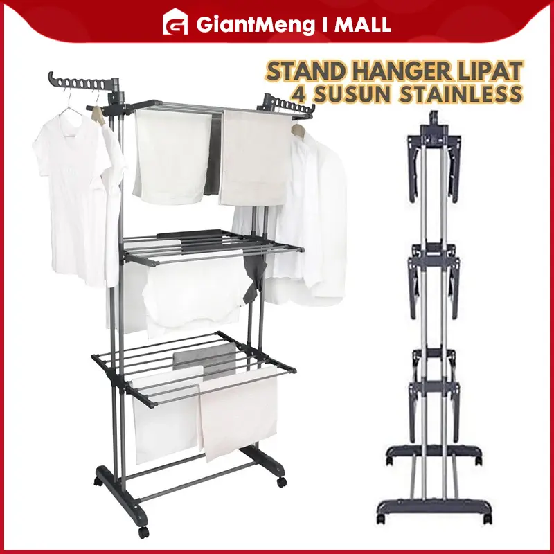 GiantMeng - Rak Jemuran Lipat Baju Handuk Sepatu 24 Baris+14 Slot 3 Susun Dgn Roda Gantungan Pakaian