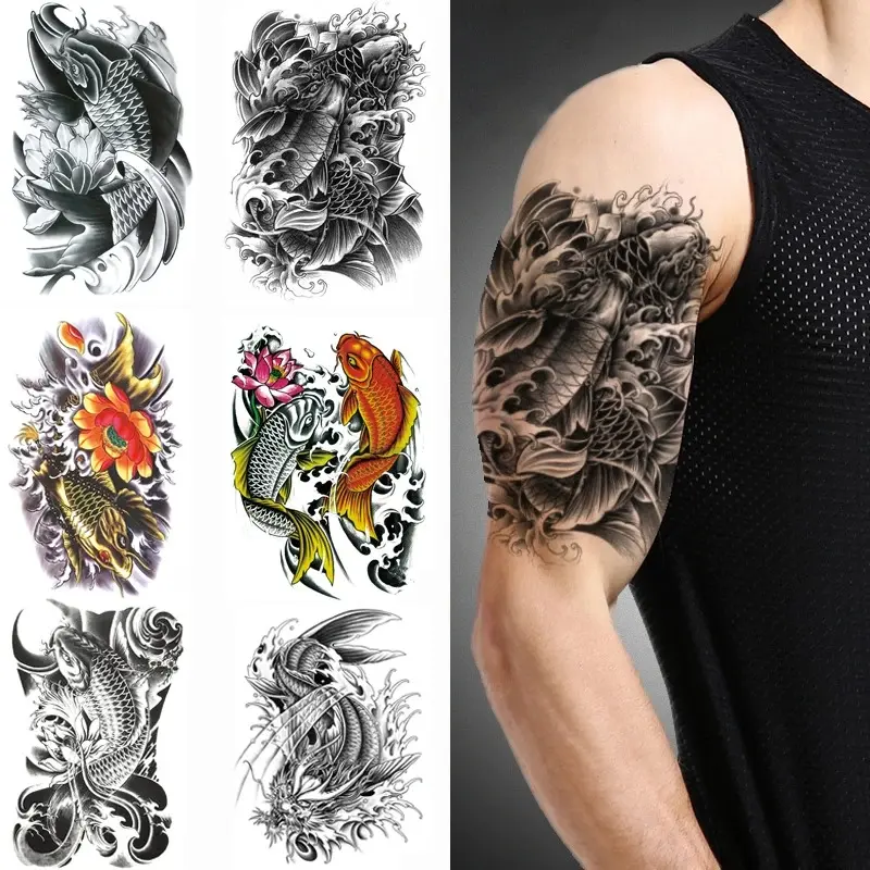 Hình xăm dán tạm thời, cá koi cá chép nhảy qua cổng rồng, đầy màu sắc, nghệ thuật cơ thể, cánh tay và bàn tay, tay áo hình xăm giả, dành cho phụ nữ, không thấm nước, hình xăm tạm thời