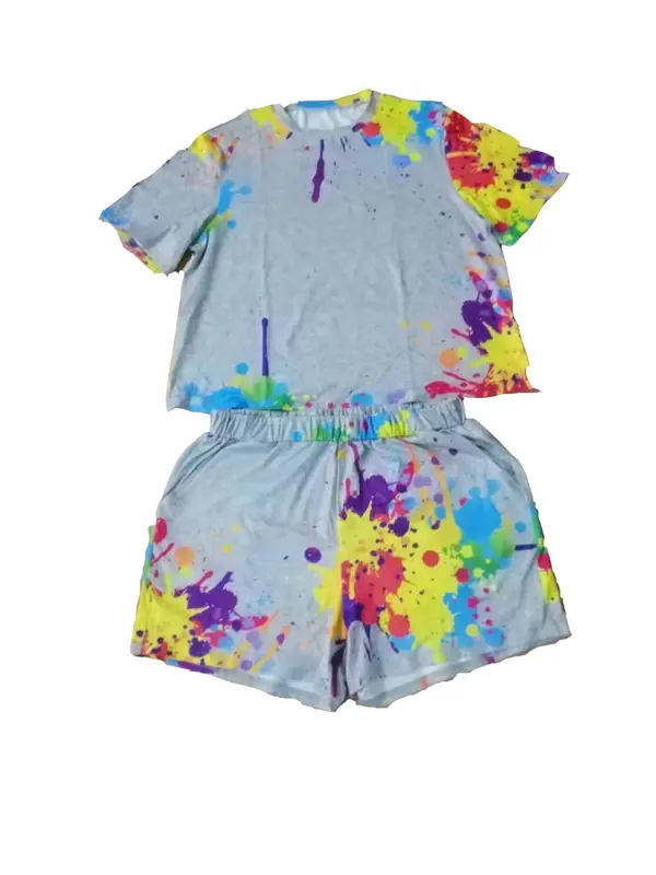 Plus Size Two-Piece Set Colorful Graffiti Print Tee & Elastic Waist Shorts Two-Piece Set, Casual Round Neck Short Sleeve T-shirt & High Waist Shorts, Women's Outfits for All Seasons 5