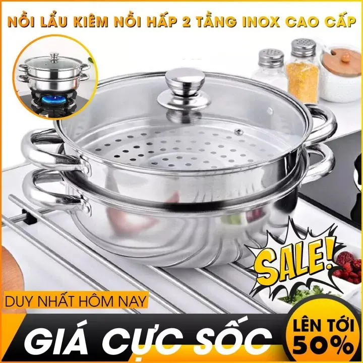 Nồi hấp 2 tầng inox, nồi hấp xôi, bánh bao  28cm nắp kính 2