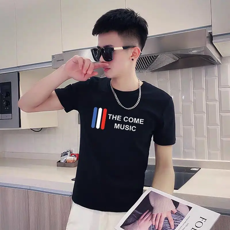 Áo Thun Ngắn Tay, Phong Cách Hàn Quốc, Dáng Ôm, In Hình, Tay Lửng, Dành Cho Nam Giới, Người Nổi Tiếng Trên Mạng Web Chàng Trai Thông Minh, Áo Lớp Cơ Sở Cổ Tròn, Mùa Hè 2024 Menswear Nhung 5