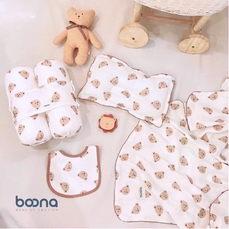Bộ Chặn Bông tránh giật mình Cho Bé Sơ Sinh Kèm Gối Xô Lõm Chống Méo Bẹt Đầu Boona 4