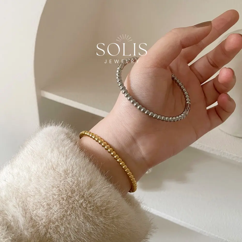Beaded Silver Gold Bangle 18K Gold Plated 316L Stainless Titanium Steel Fashion For Women Men BR429 Solis Jewelry