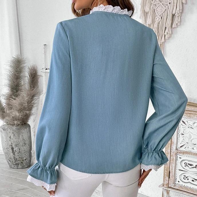 Product Introduction of Women's Elegant Style T-Shirt 2025 Autumn Winter Latest Solid Color Commuter Long Sleeved Lace Cardigan Blouses Button Up Top 10