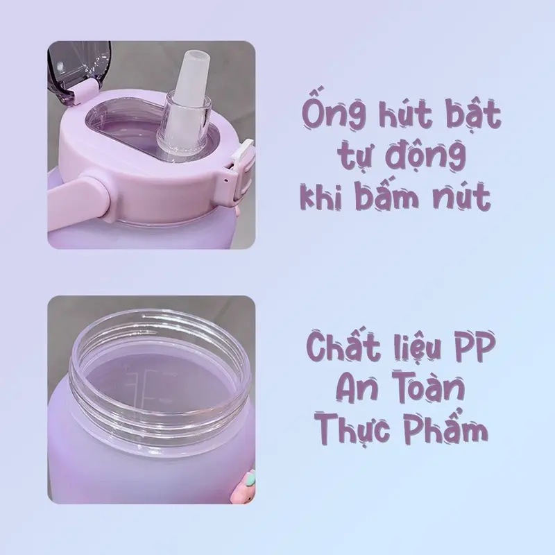 Bình nước cute có ống hút nhựa cao cấp dung tích 1300ml, Bình đựnġ nước có vòi 1,3 lít có chia vạch tiện lợi an toàn 8