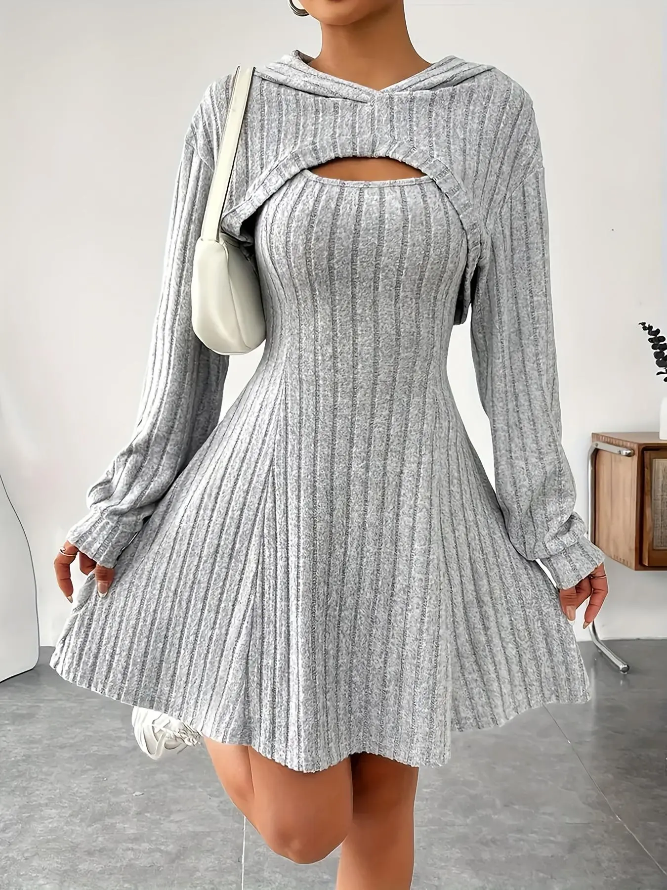 【Plus Size】 Two-piece Set Solid Ribbed Crop Hoodie & Tank Dress Set, Casual Bishop Sleeve Hooded Sweatshirt & Short Dress, Women's Spring & Fall Clothes, Travel