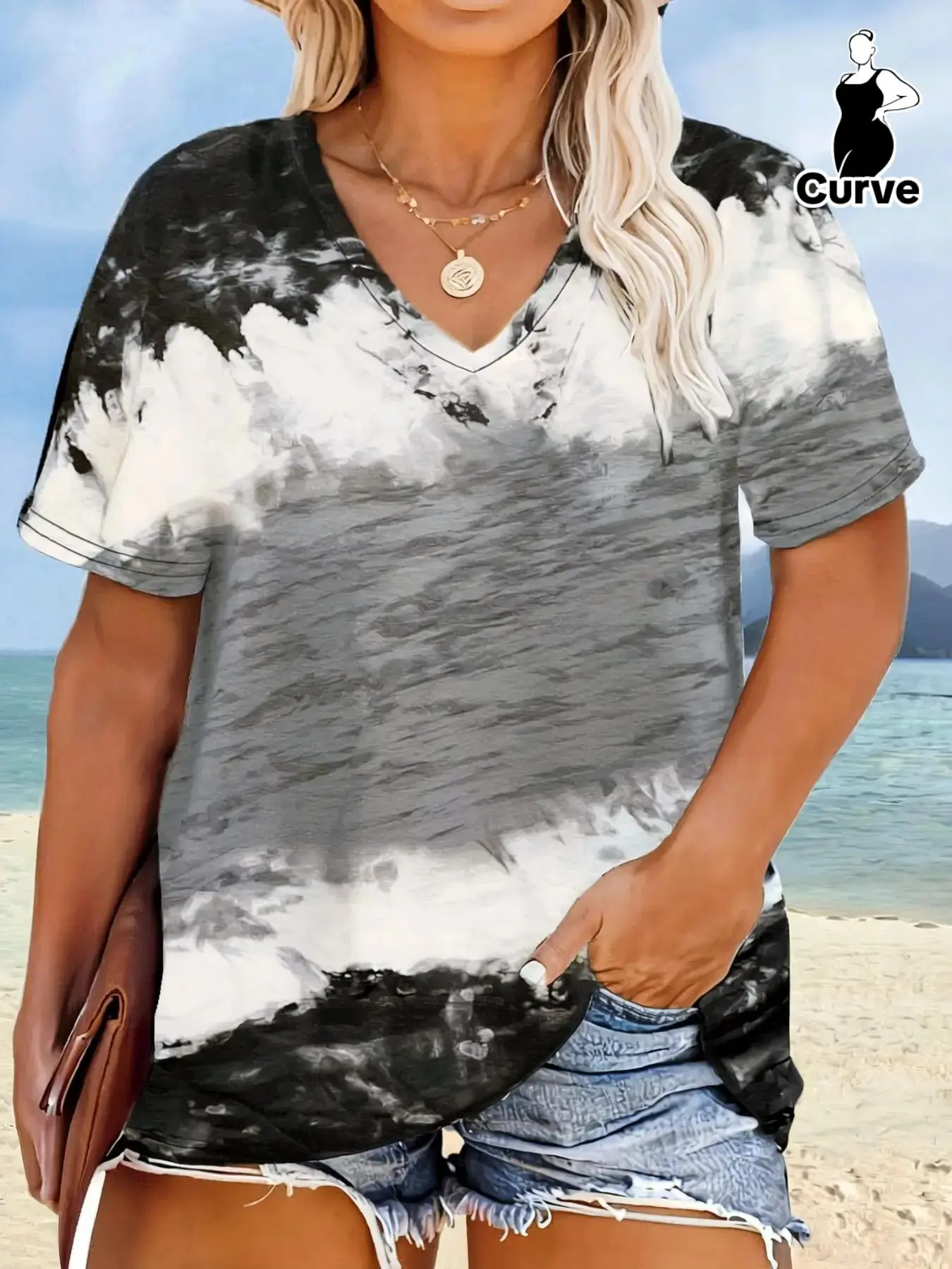 【Plus Size】 Colorblock Print V Neck Tee, Casual Short Sleeve T-shirt for Summer, Women's  Clothing for Daily Wear