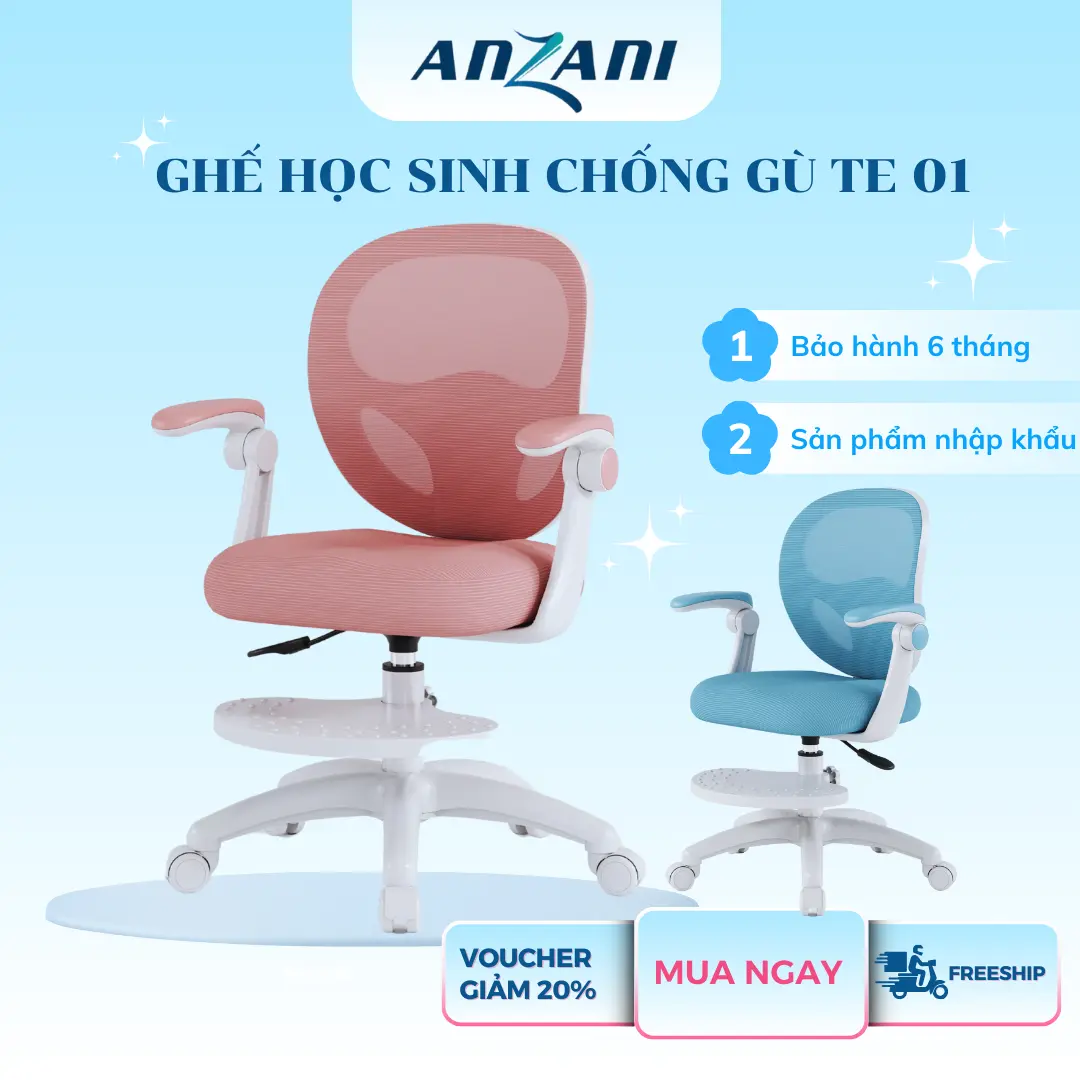{TE01} Ghế học sinh Anzani TE01 chống gù Tựa lưng thoáng khí Điều chỉnh nâng hạ linh hoạt Phù hợp cho các bé từ 3-15 tuổi. g he