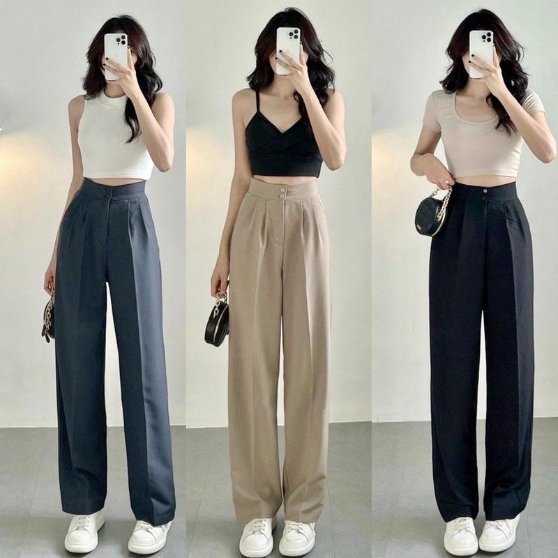 Quần ống suông nữ 2 khuy lưng cao cạp to+cao chất liệu Tuyết Mưa có thể giặt máy Women Pants