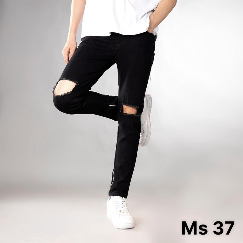 Quần jean dài nam kiểu rách gối khóa gấu chân màu đen đâm chất bò co dãn nhẹ Q37 form skinny đẹp Menswear Pants Có Túi