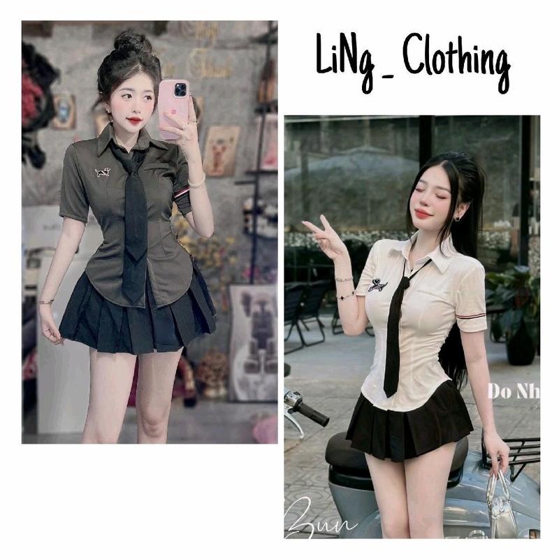 Set Nữ Áo somi học sinh thom thêu hình dog kèm cà vạt chân Váy xếp ly logo hot