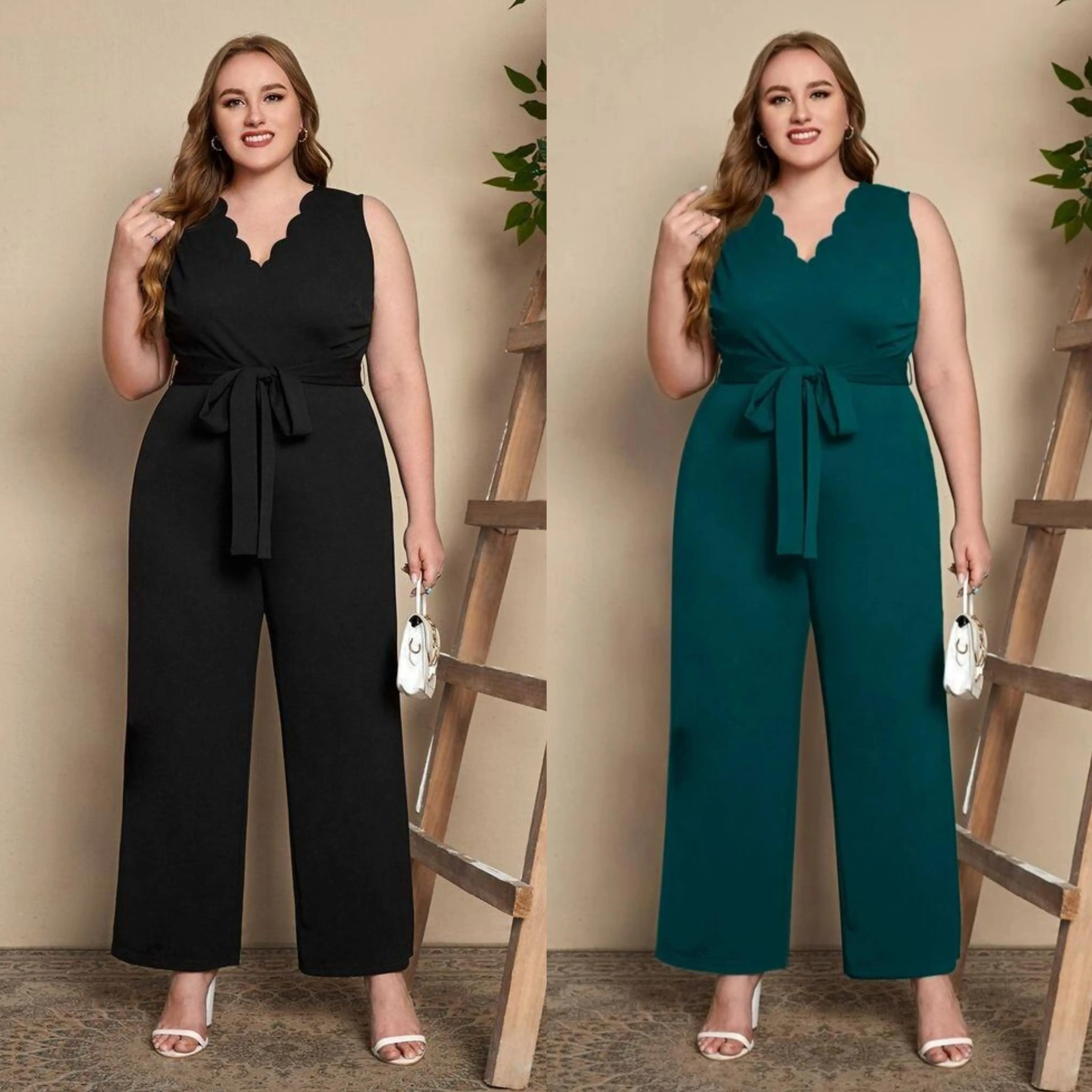 FEIKEER Plus Size Elegant Solid Color Scallop Neckline Sleeveless Jumpsuit for Women - Overalls, Womenswear