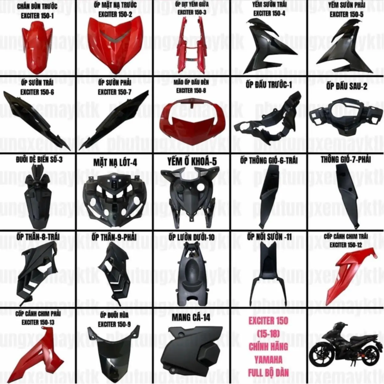 [Chính hãng Yamaha]YADA-EX150(15-18)-Full bộ dàn áo đỏ đen bóng nhám Phụ tùng phụ kiện xe máy pm