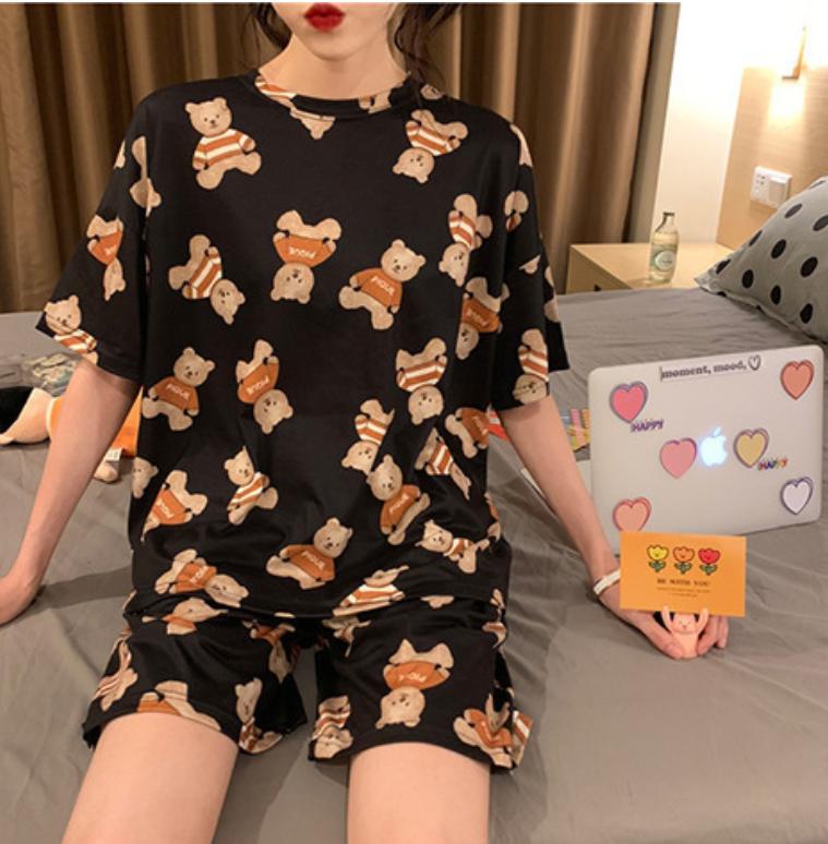 Product Introduction of Piyama Beruang Kartun, Comel, Leher Bulat, Lengan Pendek, Diperbuat daripada Kapas, Selesa, Saiz Percuma, Sedia untuk Dihantar Baju Kain 5