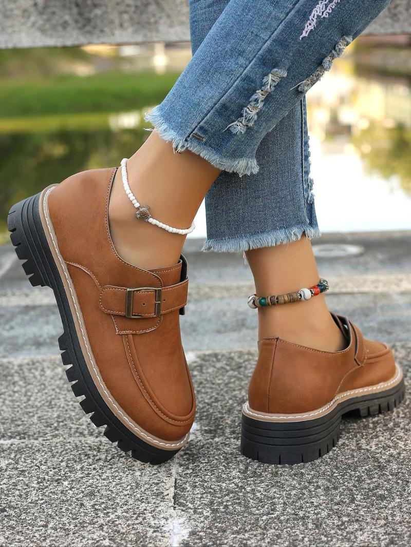 Product Introduction of Women's Fashionable Solid Color Buckle Decor Loafers, Casual Comfortable Shoes for Daily Wear, Female All-match Round Toe Slip on Shoes for Daily Wear, Girl 4