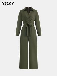 YOZY Women's Solid Belted Wrap Overalls Jumpsuit, Casual Long Sleeve Jumpsuit for Daily Wear, Ladies Clothes for All Seasons