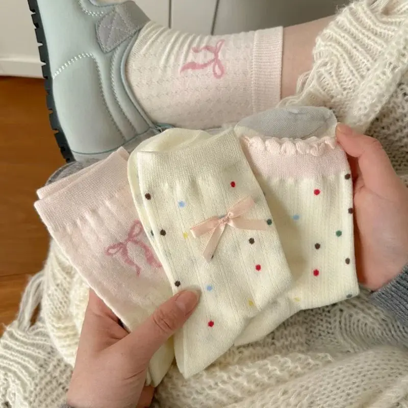 Tất Ống Giữa, Thiết Kế Thắt Nơ Ngọt Ngào Dành Cho Phụ Nữ Và Trẻ Em Gái, Tất Nơ Gót, Phong Cách Thường Ngày Màu Đen Và Trắng, Tất Cọc, Làm Bằng Bông