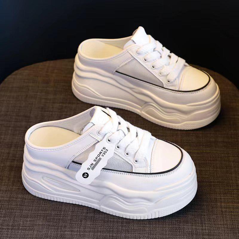 Giày Nữ Đáy Muffin Tăng Chiều Cao Nhỏ Hấp Thụ Sốc 2024 Có Thể Đeo Ngoài Trời Bề Mặt Lưới Thoáng Khí Kiểu Lười Lofter Dép Lửng Thoải Mái DéP Shoes Hoa