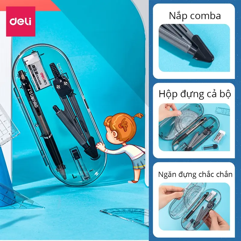 Bộ thước kẻ eke compa 8 món Deli - chuyên dụng cụ học tập cho học sinh eke thước kẻ tẩy chì đồ dung học tập bút chì kim hộp nhựa chắc chắn 3