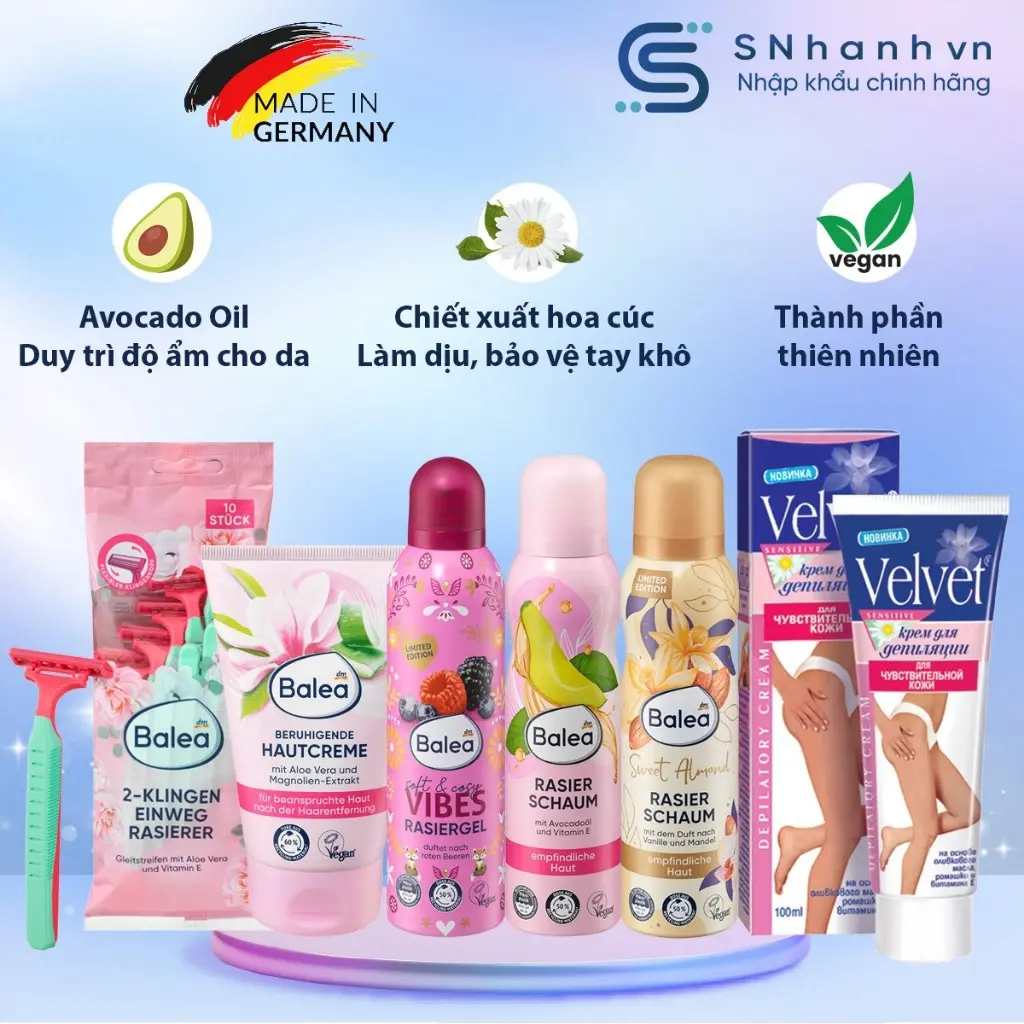 [Có che tên] Bộ tẩy lông và dưỡng da sau wax Balea Đức - Kem tẩy lông Velvet Hoa Cúc, Oliu, Vitamin E cho da nhạy cảm