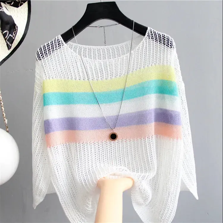 Áo Len Dệt Kim Vải Nhẹ Cổ Tròn, Dành Cho Nữ, Họa Tiết Cầu Vồng, Thiết Kế Lưới Dài Tay Women Top có thể giặt máy hàng dệt kim 【 trắng 】