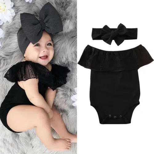 Newborn Girls Romper Outfits, 0-18Months, Lace Clothes Off Shoulder Jumpsuit + Bowknot Headband Suits