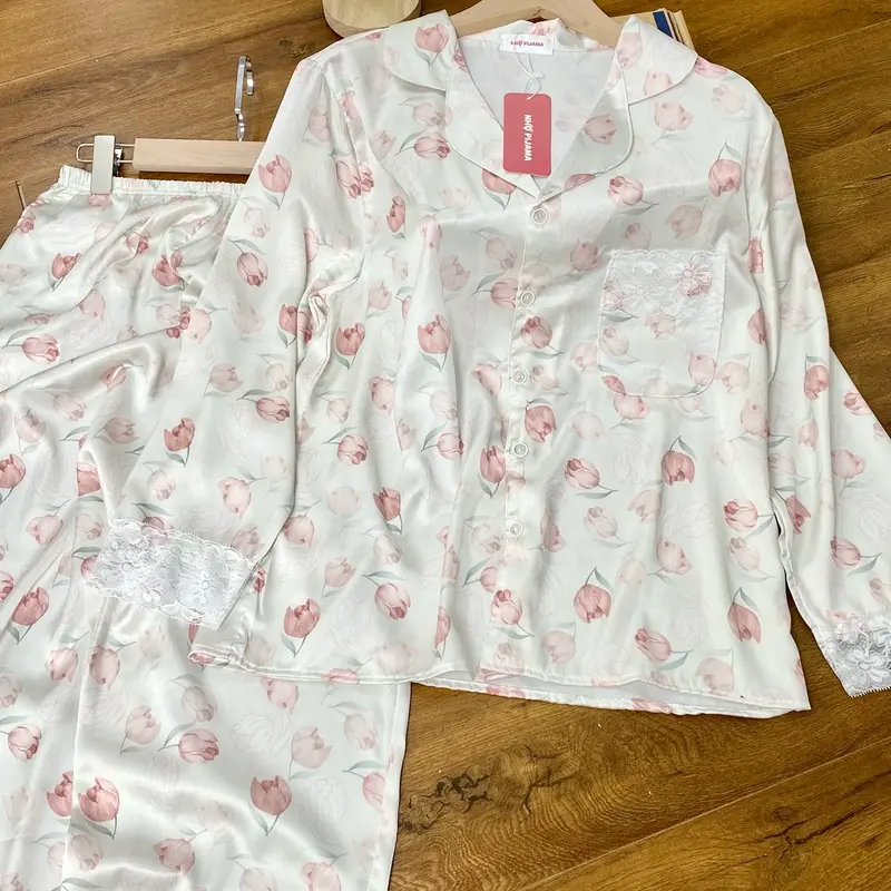 M114 NHỌ PYJAMAS Bộ mặc nhà HOA TRÀ XANH phối ren tiểu thư sang chảnh 4