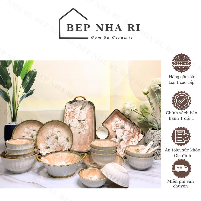 [Bếp Nhà Ri] Bộ bát đĩa hoa trà cổ gốm sứ ceramic cao cấp, decor trang trí bàn ăn nhà bếp sang trọng hiện đại, quà tặng ý nghĩa
