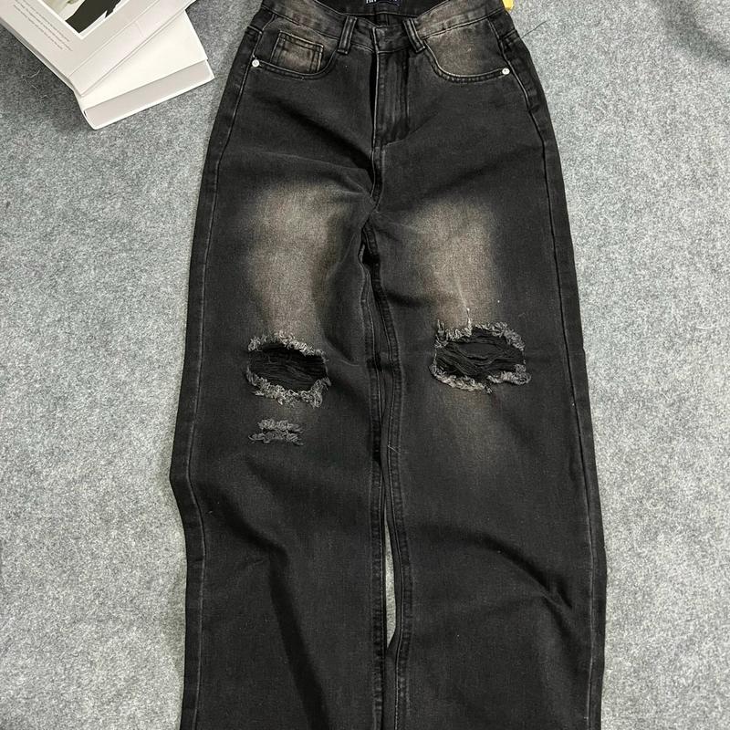 Kang (S-2Xl) Quần Jeans Suông Rách Màu Đen Wash 2 bênWomen Pants 3