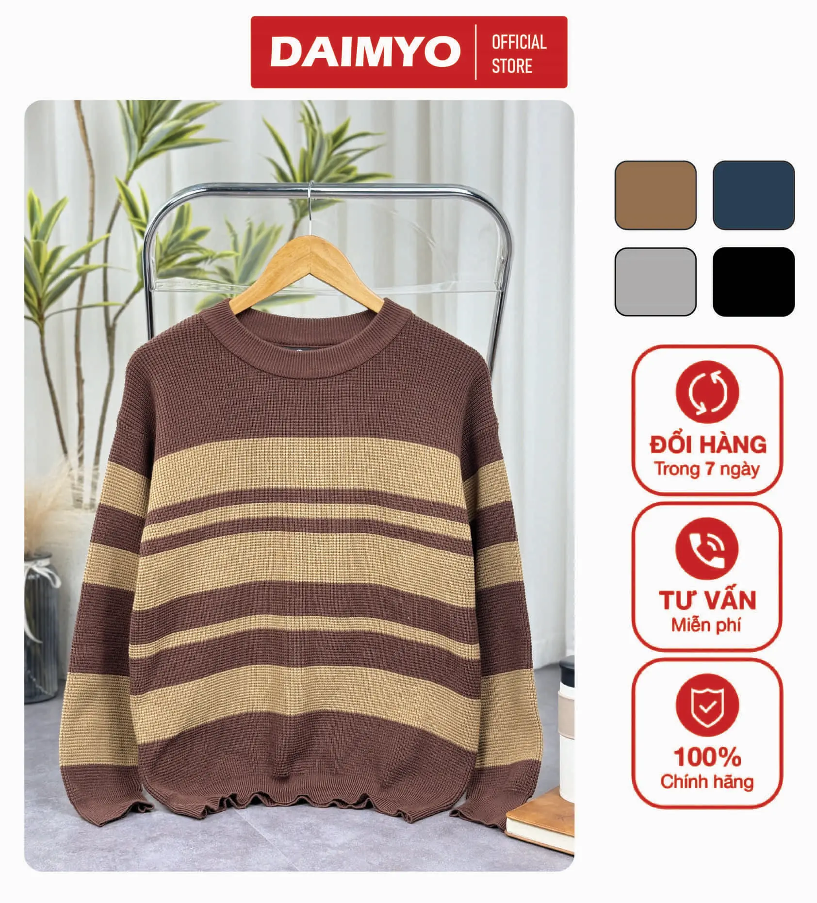 Áo Len Dệt Kim Kẻ Ngang, Menswear, DAIMYO, Kiểu Dáng Hàn Quốc, Phong Cách Trẻ Trung, Thời Thượng, Chất Len Co Giãn 4 Chiều, Không Giãn, Không Xù, Form Chuẩn