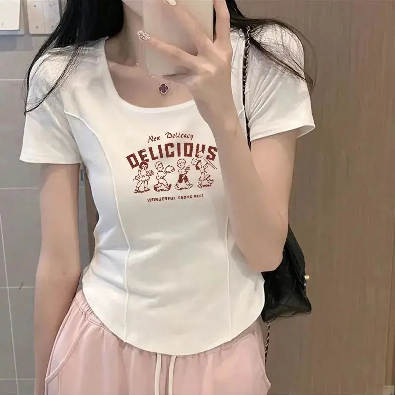 Short Square Collar Short Sleeve T-shirt Women's Niche Printed Loose Slim Ins Top Summer Korean Style Regular Shoulder T-shirt