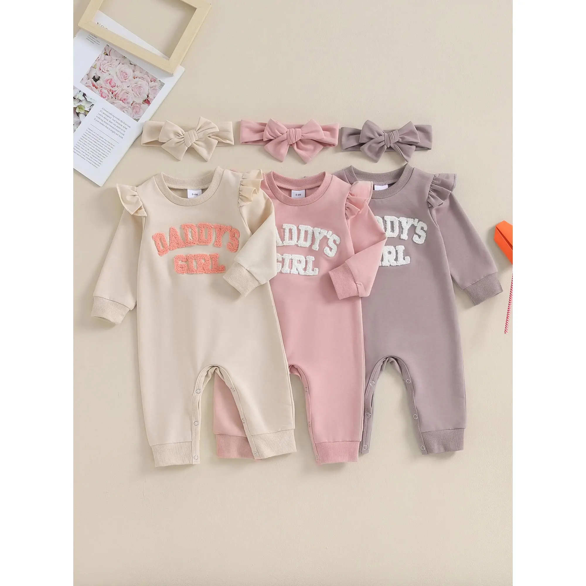 Baby Girls Rompers Letter Embroidered Crew Neck Long Sleeve Jumpsuits Fall Toddler Clothes Bodysuits with Headband