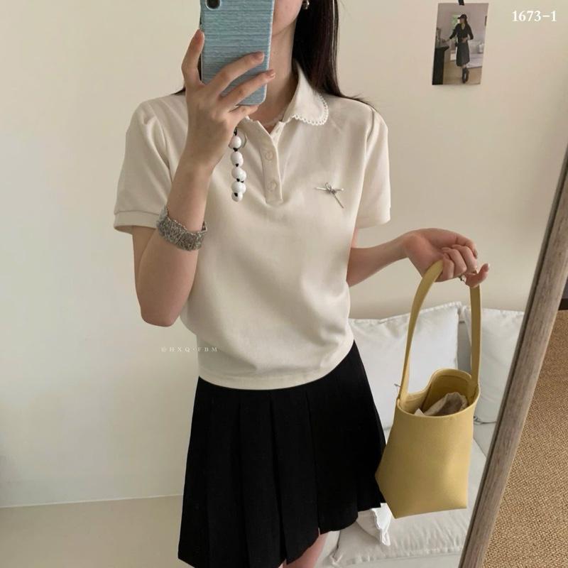 Áo Polo Nữ Cổ sen viền trắng phối Nơ tag FBM (A88) @Rice 4