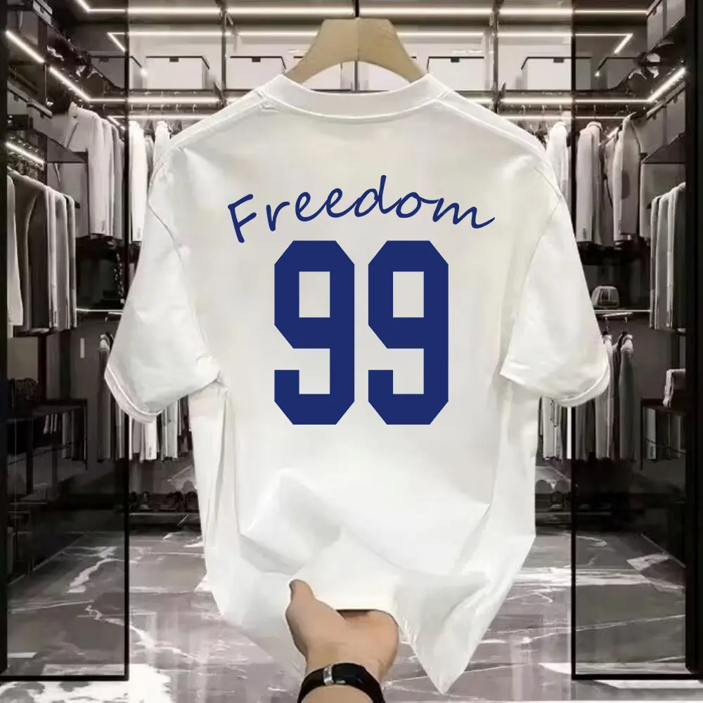 Kaos lengan pendek longgar sederhana berdesain angka asli "99" untuk pria