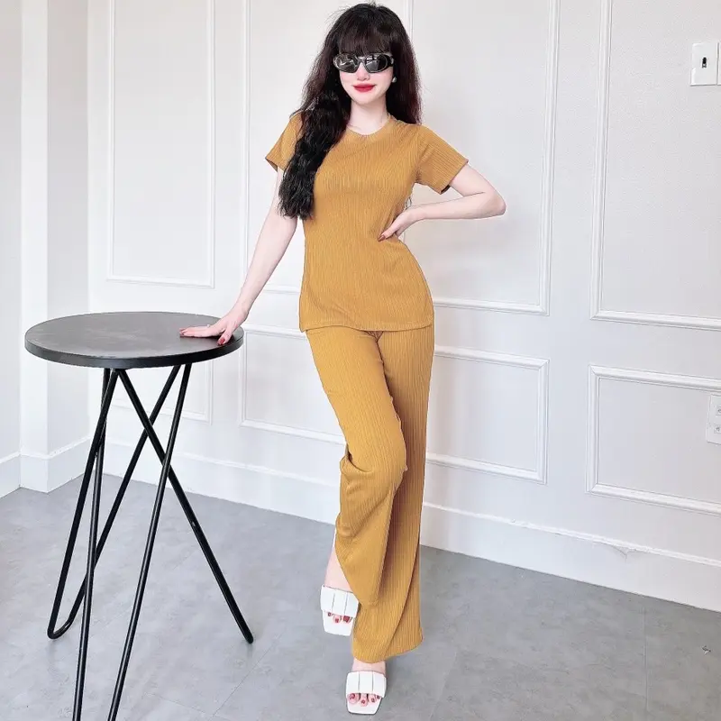 Set Thun Gân Xẻ Tà Tôn Dáng Quần Ống Suông Rộng Cho Các Nàng Mặc Nhà Xinh, Chất Vãi Thoáng Nhẹ Thoải Mái Cho Người Mặc - Linh Đan Store 1609 3