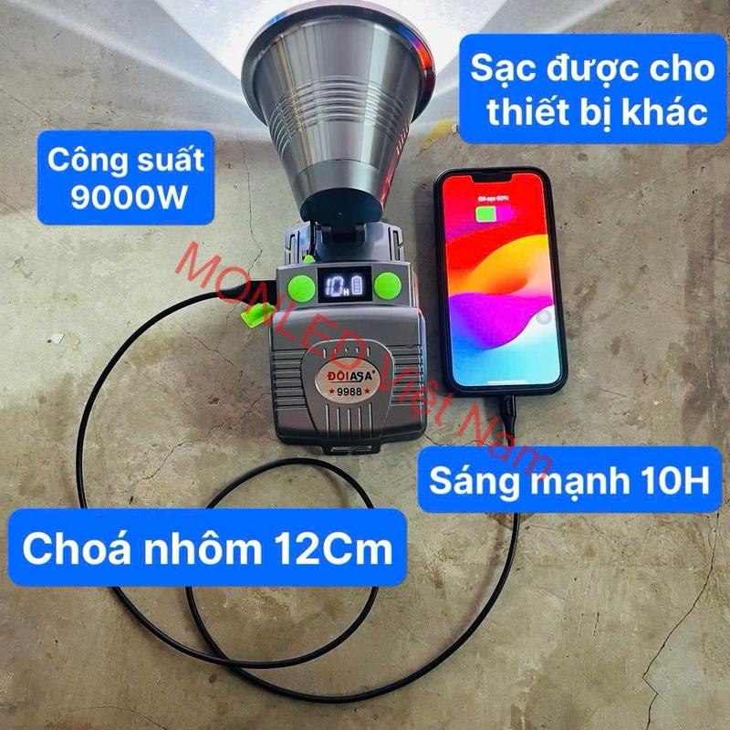 Đèn pin đội đầu 9988 cổng sạc Type C,  choá nhôm 12CM, công suất 9000W, sáng mạnh trên 10H, phạm vi chiếu xa 500M đến 600M, có đồng hồ hiển thị PIN và có thể sạc ngược lại cho các thiết bị khác-  sáng trắng hoặc sáng vàng