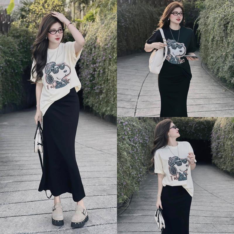 Set Váy Áo Chú Chó Chân Váy Đuôi Cá Dáng Dài Dễ Thương Đơn Giản Basic Đen Kem Dress Nữ Top Women Thời Trang News TTN205