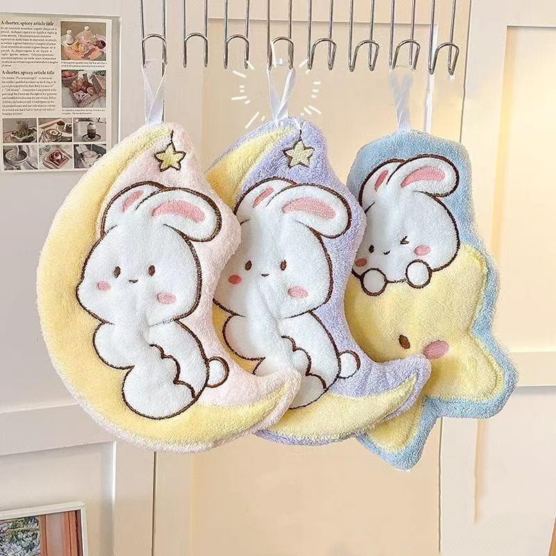 Product Introduction of Cute Rabbit Pattern Hand Towel Soft Hanging Towels Absorbent Coral  Towel Kitchen Bathroom Double-thickness Hand Towel 18