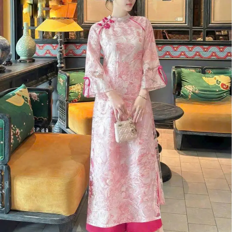 Áo dài cách tân tơ nến vân hoa hồng nhẹ nhàng - Áo dài Thúy Linh -OG -  Nữ Women Dress 4
