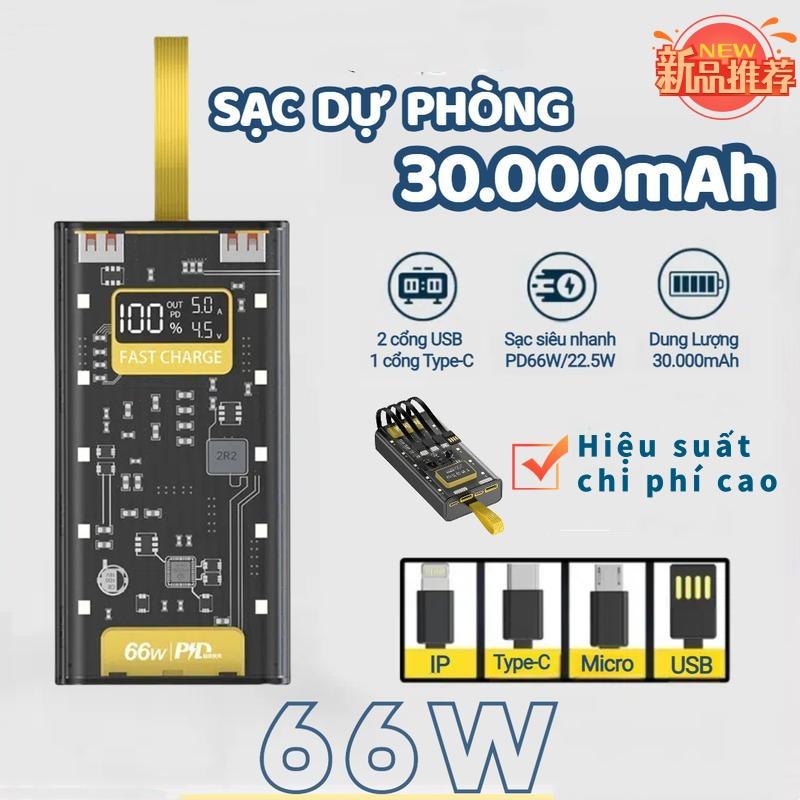 【Phong cách mới Sạc Dự Phòng HB32 30.000MAH Sạc Nhanh PD 66W 20W,Thiết Kế Trong Suốt Có Đồng Hồ Hiển Thị %Pin Hiệu Điện Thế U V Cường Độ Dòng Điện Ampe Có Đèn Ngủ Sạc Pin