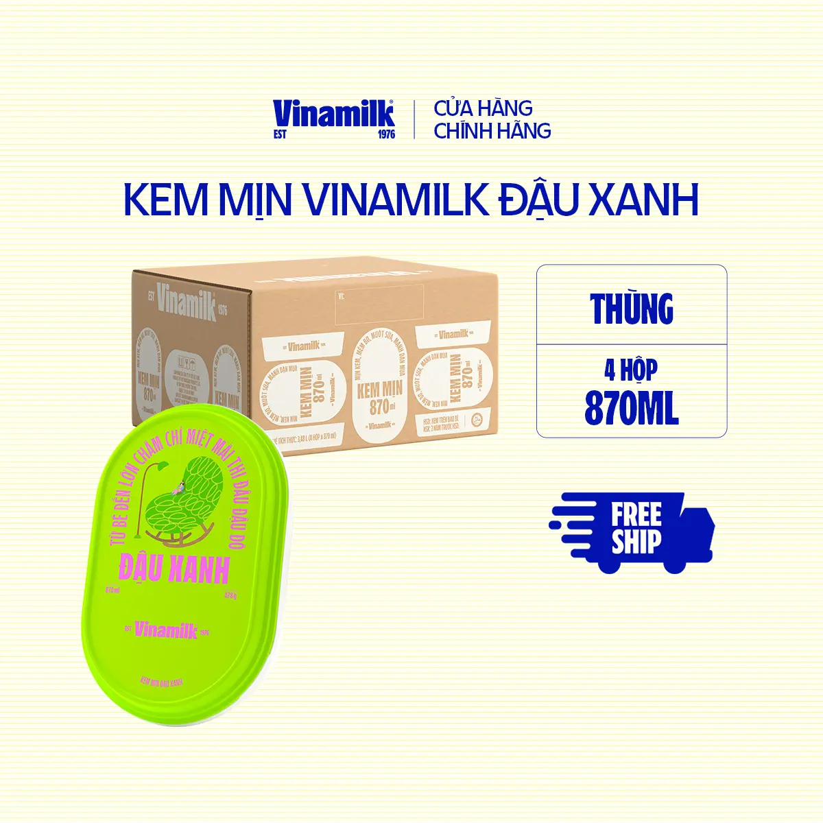 [CHỈ GIAO THÀNH PHỐ LỚN BÁN KÍNH 10KM] Thùng 4 hộp Kem mịn Đậu xanh hộp 870ml