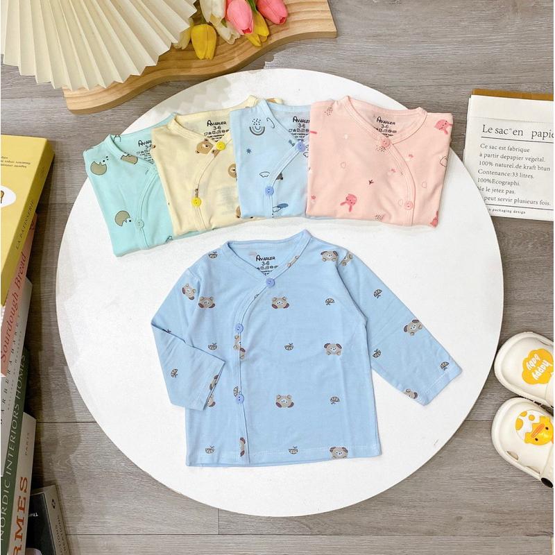 Combo 5 Áo dài tay màu sơ sinh khuy chéo cho bé trai bé gái thun peptit mềm mại Avalew
