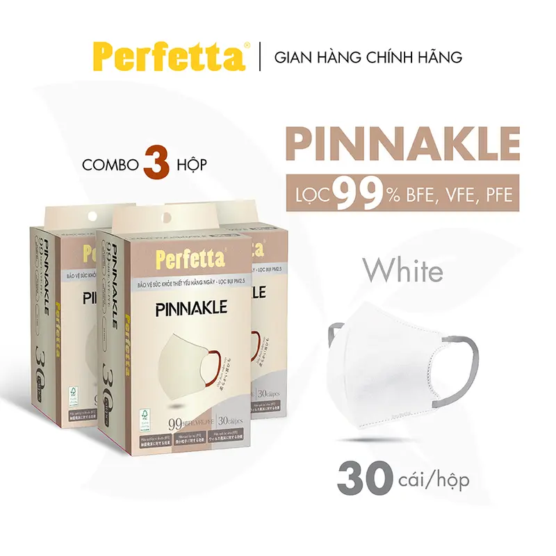 Combo 3 Hộp Khẩu Trang Cao Cấp Perfetta Pinnakle, 3 Lớp Kháng Khuẩn, Chuẩn From 3d Thời Trang (30 cái/hộp) 0