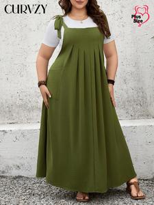 CURVZY Plus Size Solid Pocket Pleated Overall Dress without Top, Casual Sleeveless Dress for Summer, Women's Plus Clothing for Daily Wear